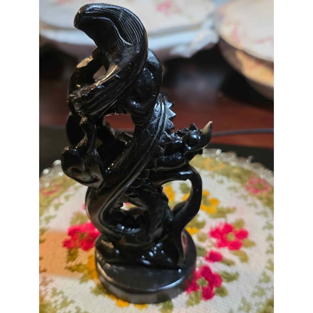 Antique or Vintage Chinese Black Stone Hand Carved Dragon Sculpture